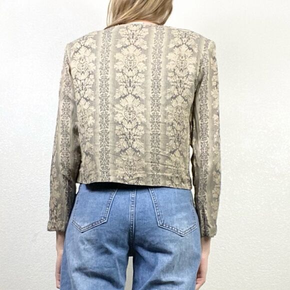 Vintage Beige & Grey Floral Tapestry Cropped Lightweight Blazer Jacket - Picture 3 of 8